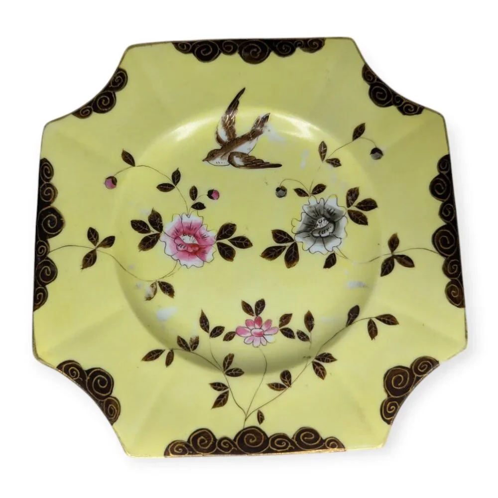 Vintage Awaji Porcelain Yellow Floral & Bird Japanese Plate 7